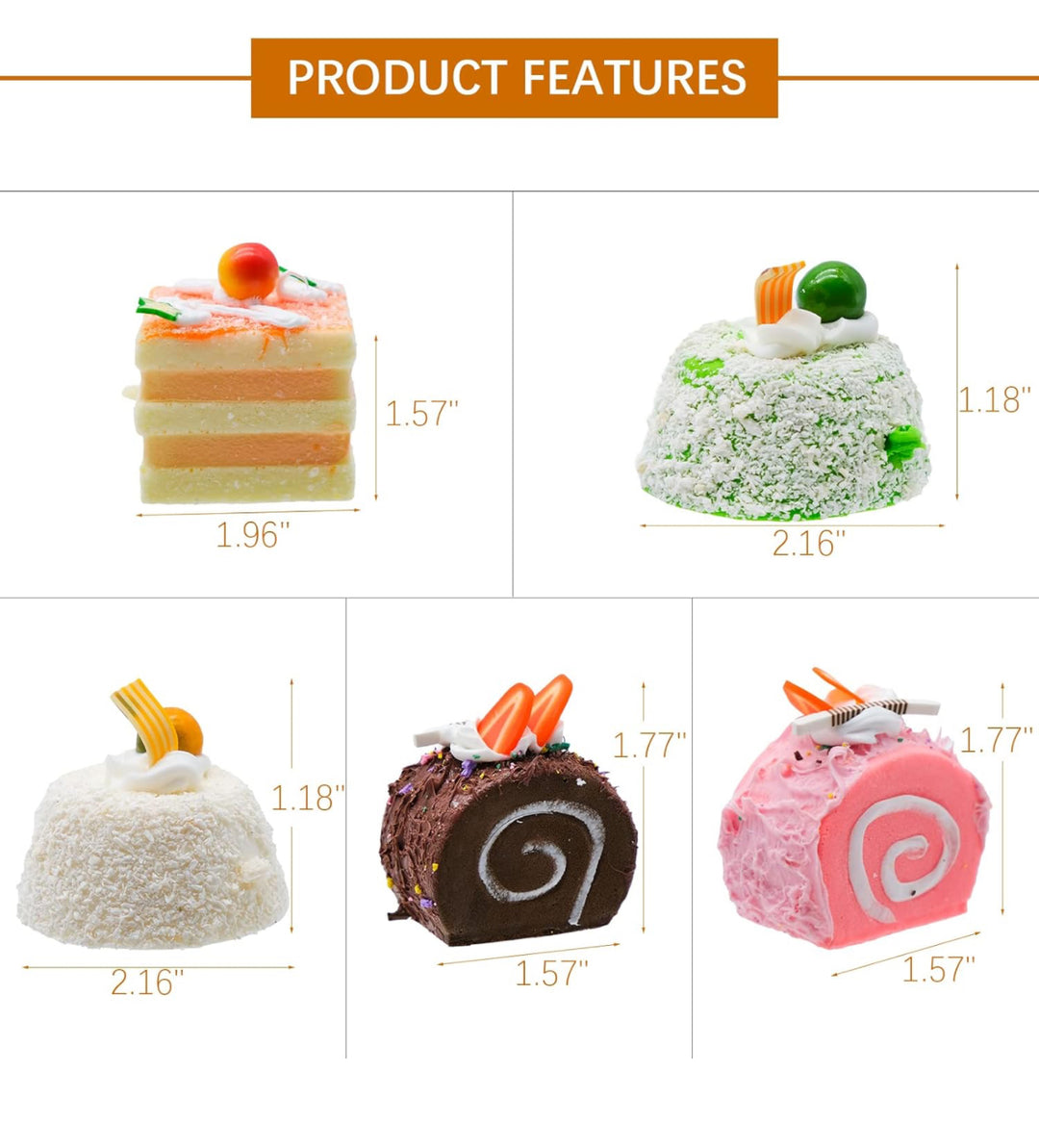 Five mini faux cake slices in assorted colors with fruit or candy toppers, available in multiple labeled sizes.