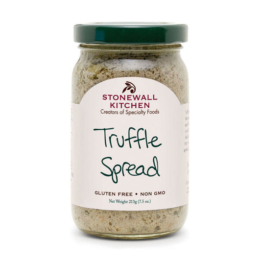 Jar of Stonewall Kitchen Truffle Spread with green lid. Label: "Stonewall Kitchen, Creators of Specialty Foods, Truffle Spread, Gluten Free, Non GMO." Net Weight: 213g (7.5 oz). Textured, earthy color captures essence of truffles.
