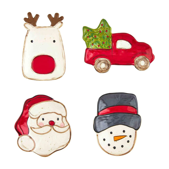 Farm Christmas Tidbit Plates: four hand-painted stoneware plates shaped like a reindeer, a pickup truck carrying a Christmas tree, Santa Claus, and a snowman.