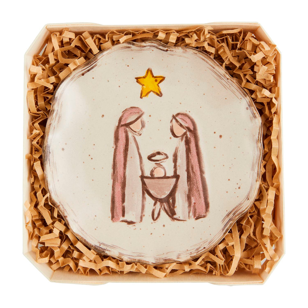 Small, round stoneware Nativity Trinket Dish featuring a central star.