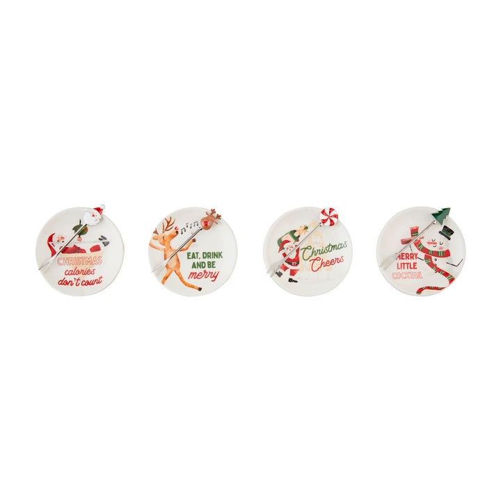 Four white ceramic Holiday Tapas Plate &amp; Fork Sets with holiday illustrations and festive hors d’oeuvres forks.