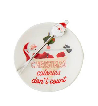Holiday Tapas Plate & Fork Set featuring a ceramic plate with a Santa illustration and “Christmas calories don’t count” text, with an enamel-topped hors d’oeuvres fork.
