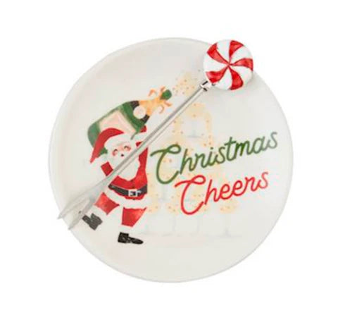 Holiday Tapas Plate &amp; Fork Set featuring a ceramic plate with a Santa Claus design and a peppermint-topped fork.