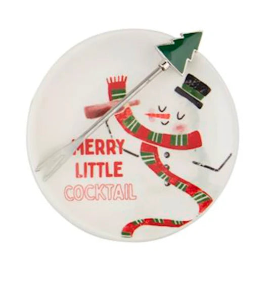 Holiday Tapas Plate &amp; Fork Set: round ceramic snowman plate with “MERRY LITTLE COCKTAIL” text and a green Christmas tree enamel fork.