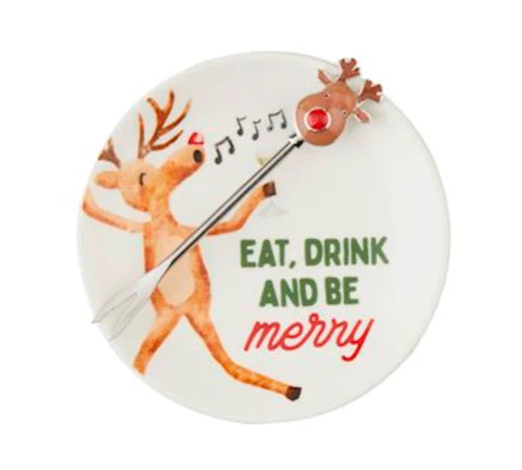 Holiday Tapas Plate &amp; Fork Set with ceramic plate featuring a dancing reindeer, “Eat, drink and be merry” text, and matching enamel character topper fork.