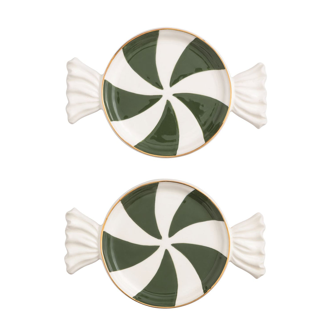 Two candy-shaped tidbit plates with dark green and white swirls and gold rims.