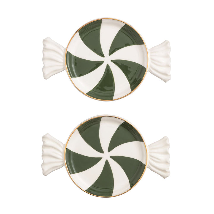 Two candy-shaped tidbit plates with dark green and white swirls and gold rims.