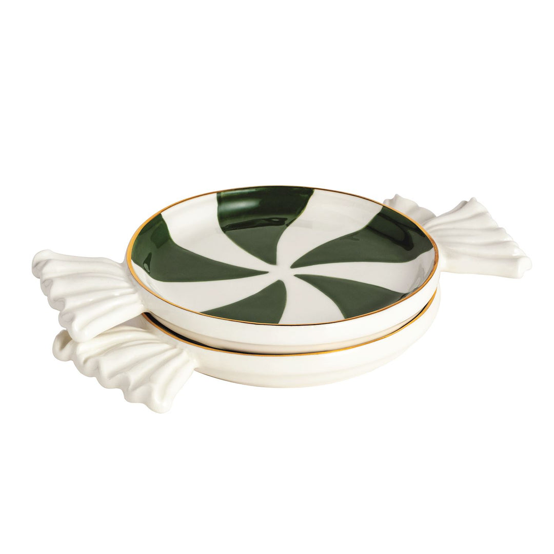 Two stacked green and white swirl Candy Tidbit plates with hand-painted gold rims.