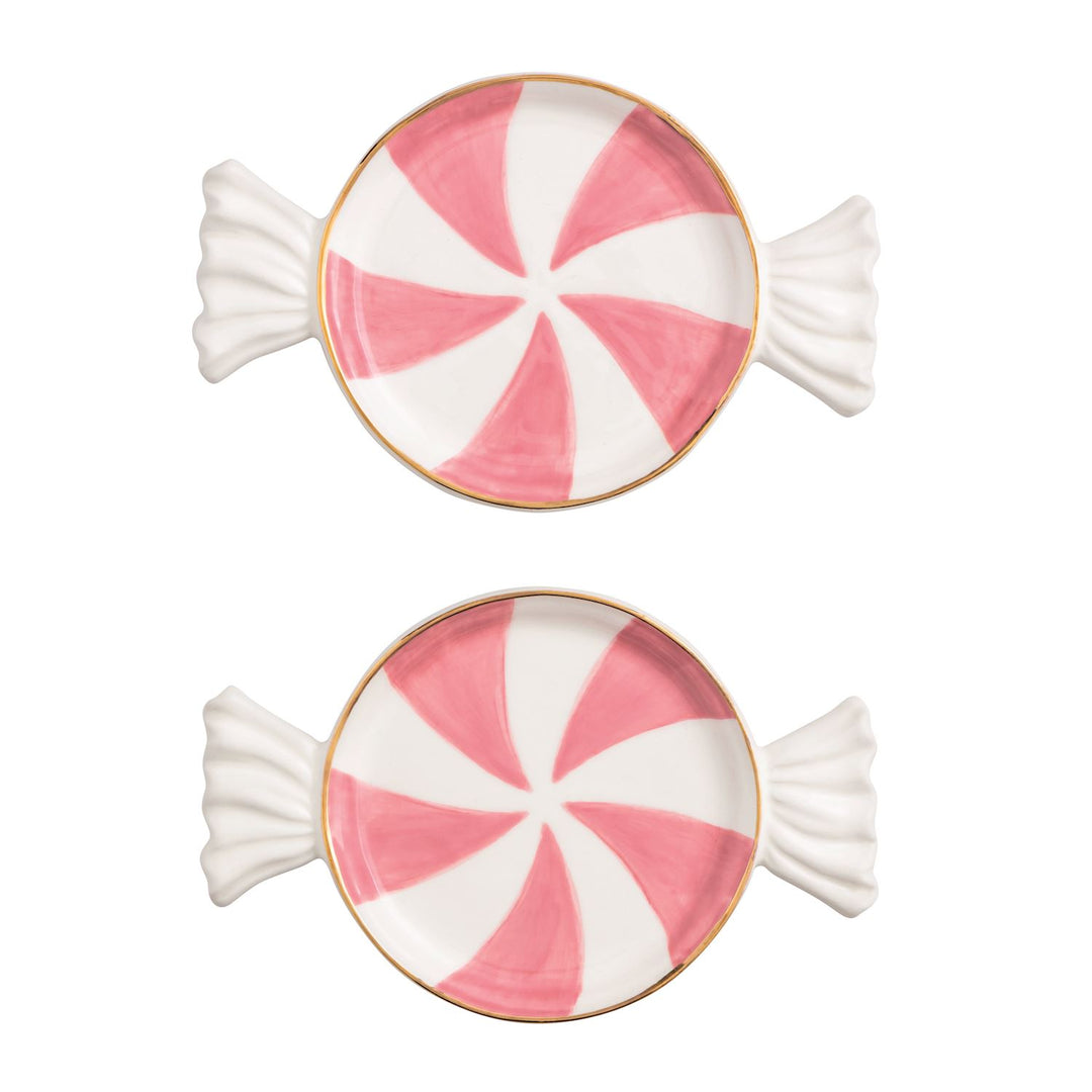 Two pink and white spiral candy-shaped tidbit plates with gold-rimmed edges.