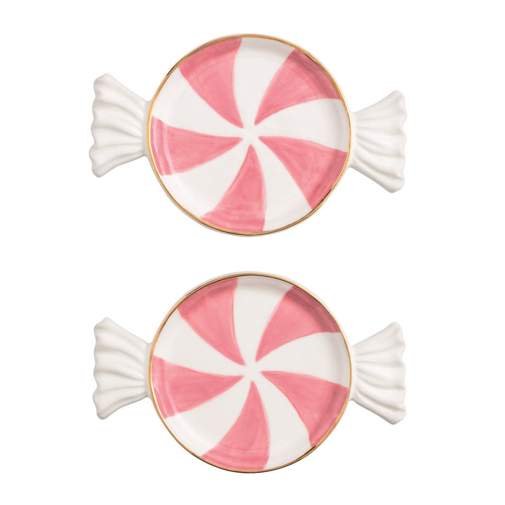 Two pink and white spiral candy-shaped tidbit plates with gold-rimmed edges.