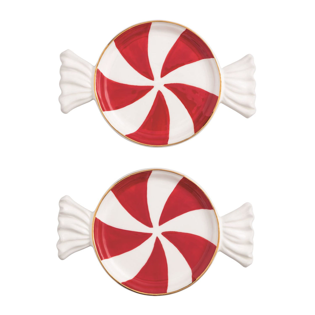 Two round peppermint swirl Candy Tidbit Plates with gold rims.