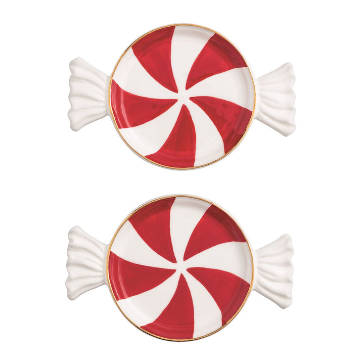 Two round peppermint swirl Candy Tidbit Plates with gold rims.