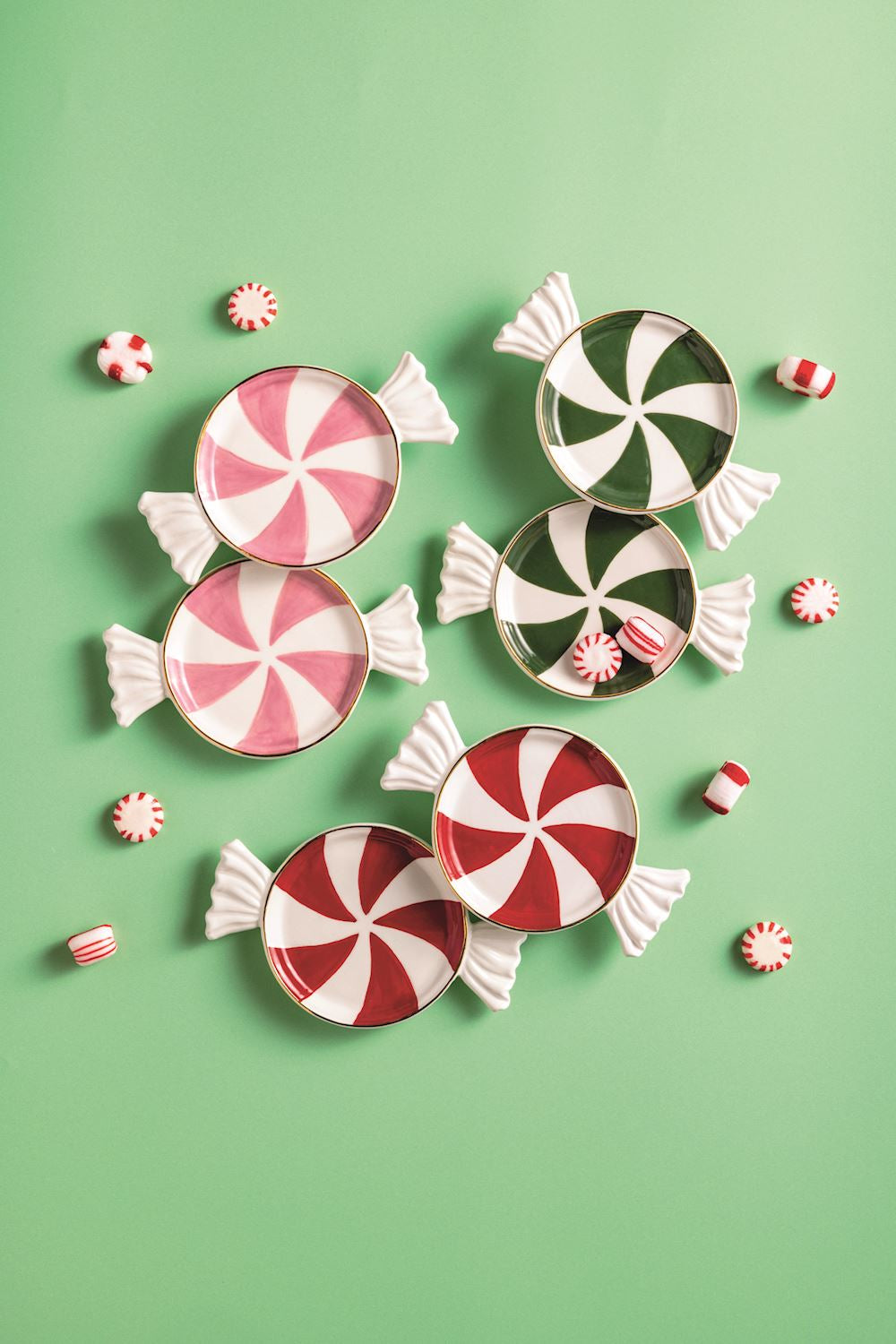 Six hand-painted Candy Tidbit Plates in red, pink, and dark green striped patterns.