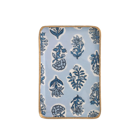 Rectangular blue ceramic trinket dish with dark blue floral accents, gold rim. Available in small and large sizes.