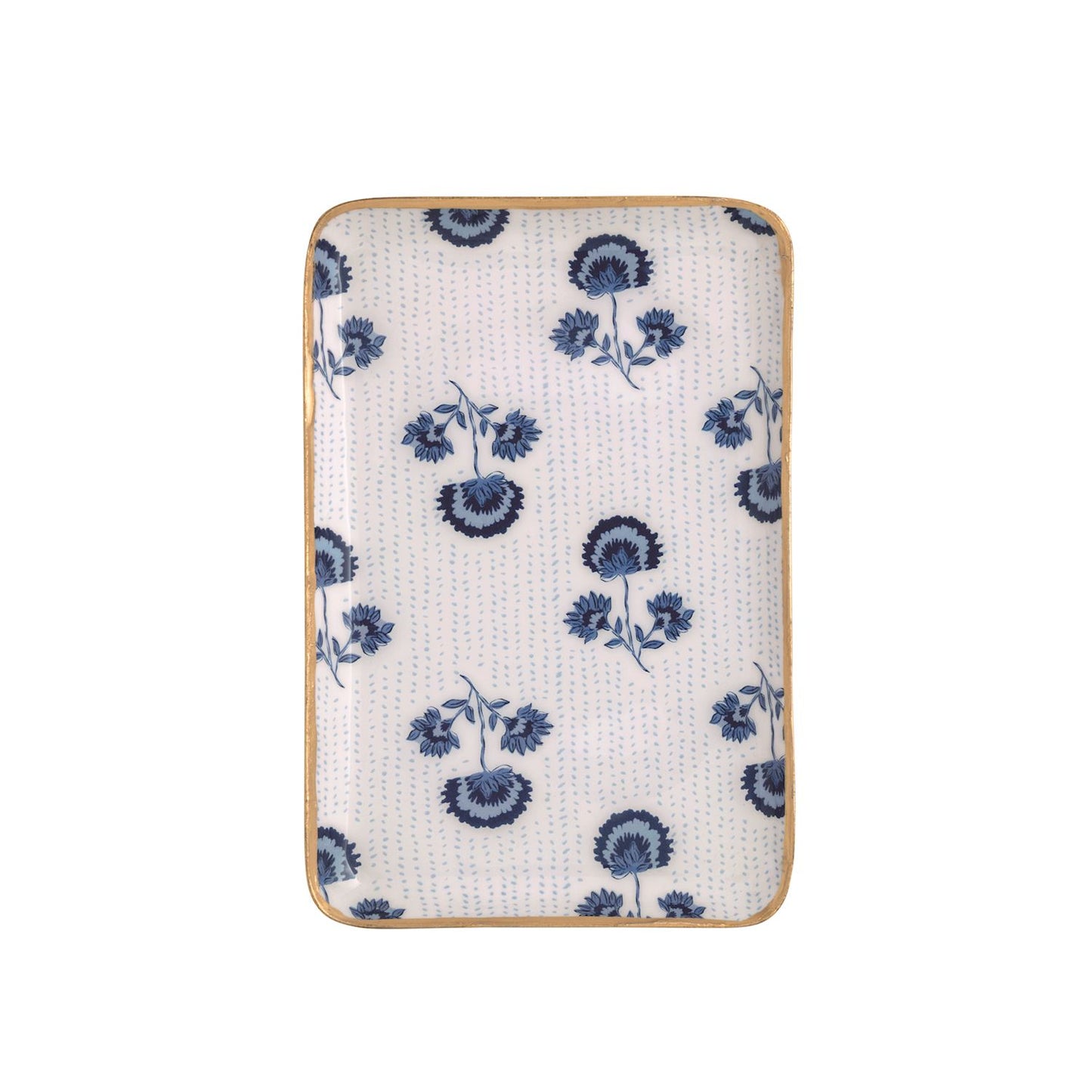 Rectangular ceramic trinket dish with blue floral patterns, gold rim, rounded edges; available in small and large sizes.