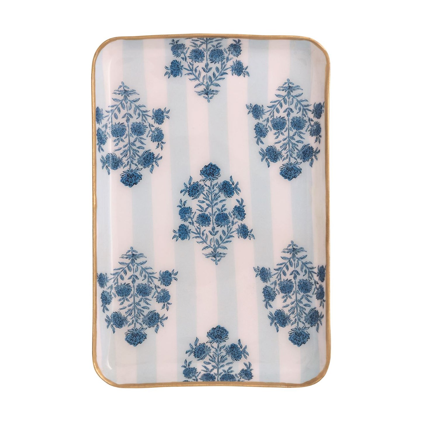 Rectangular ceramic dish with blue and white stripes, blue florals, gold rim. Available in small and medium sizes.