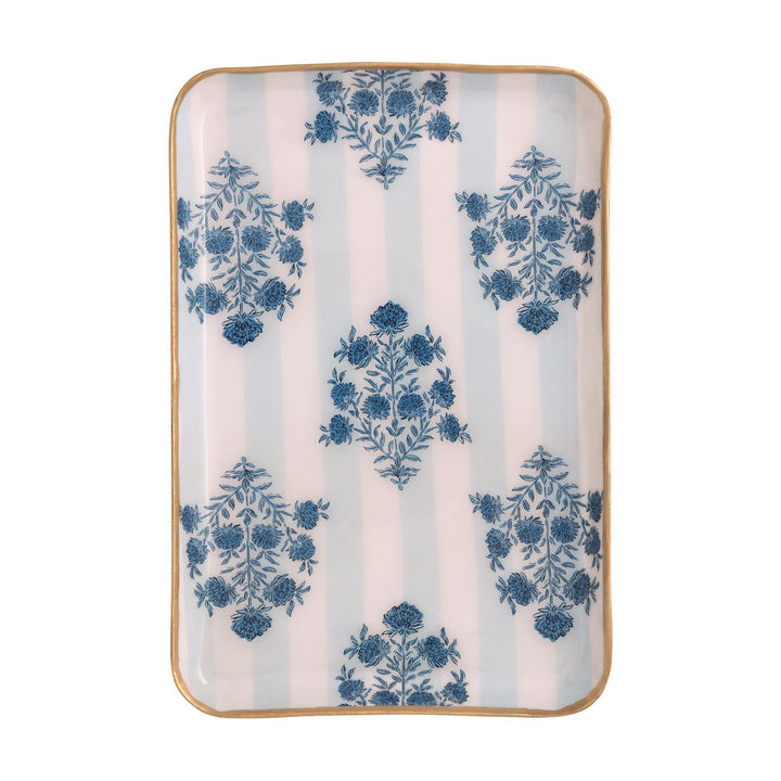 Rectangular ceramic dish with blue and white stripes, blue florals, gold rim. Available in small and medium sizes.