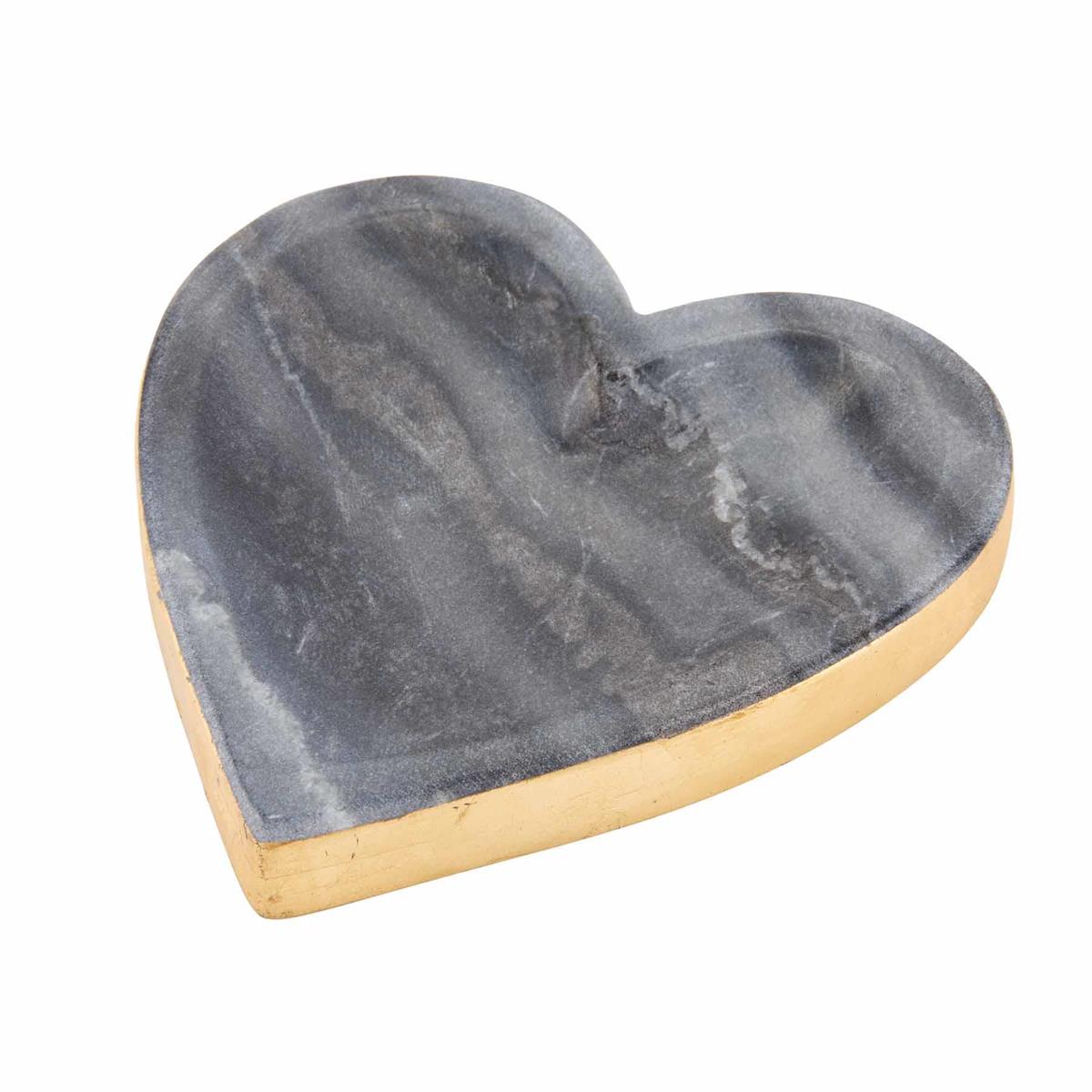 The Marble Heart Trinket Tray features a polished heart-shaped design, marbled gray and blue surface with a metallic gold base. Available in sizes: Small, Medium, Large.