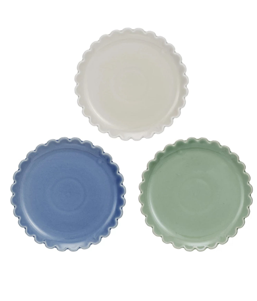 This product is a set of three 8” round stoneware plates with scalloped edges. The first plate is white, the second one is blue, and the third one is green.