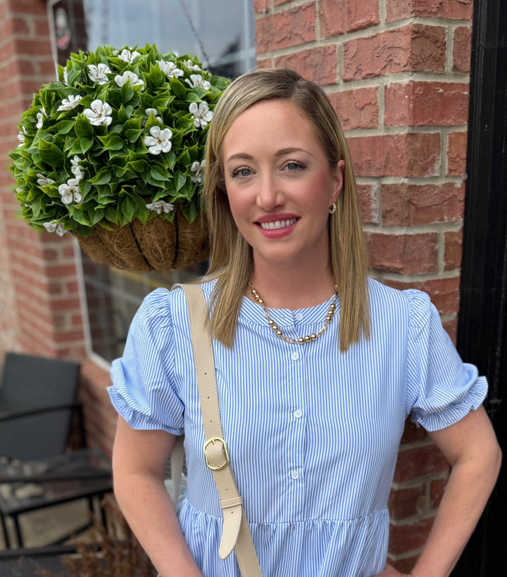 Seersucker Blue Ruffle Striped Dress with ruffle details, available in sizes XS–XL.