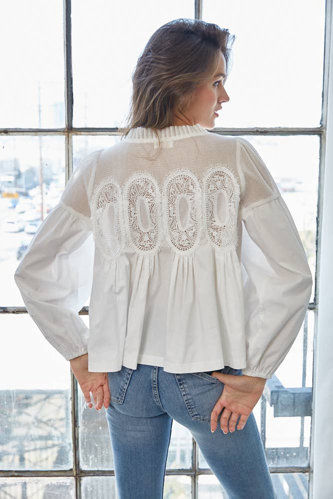 Lace Appliqué Detail Mixed Media Long Sleeve Blouse