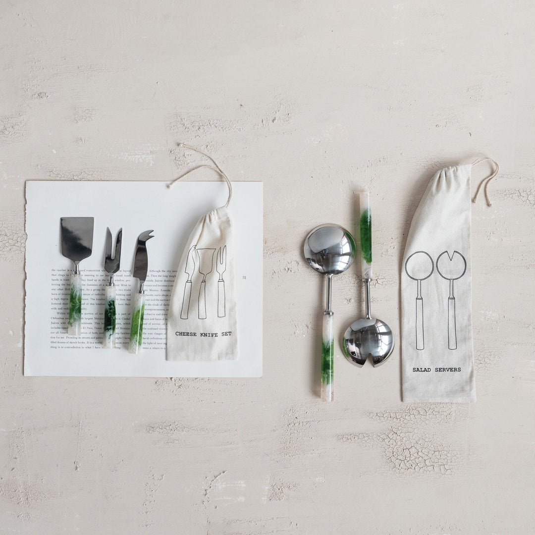 Stainless Steel Cheese Utensils with marbled resin handles. Available in small, medium, and large sizes.