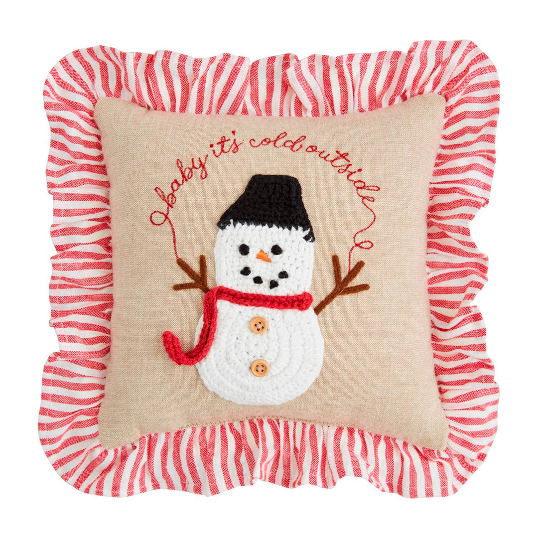 Mini square Christmas crochet pillows with snowman, French ticking ruffle, and “baby it’s cold outside” embroidery.