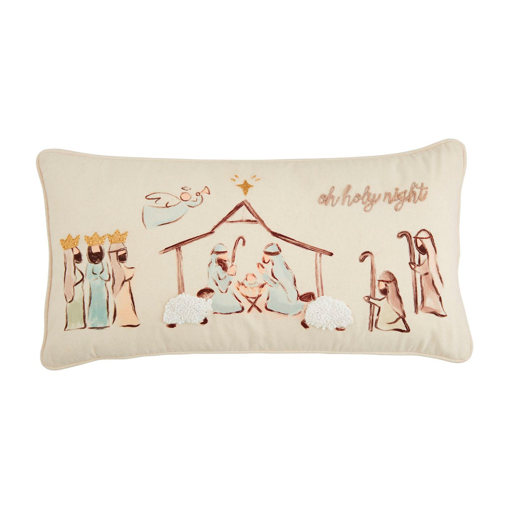 Embroidered canvas lumbar Nativity pillow featuring three kings, a manger, shepherds, and “oh holy night” script.