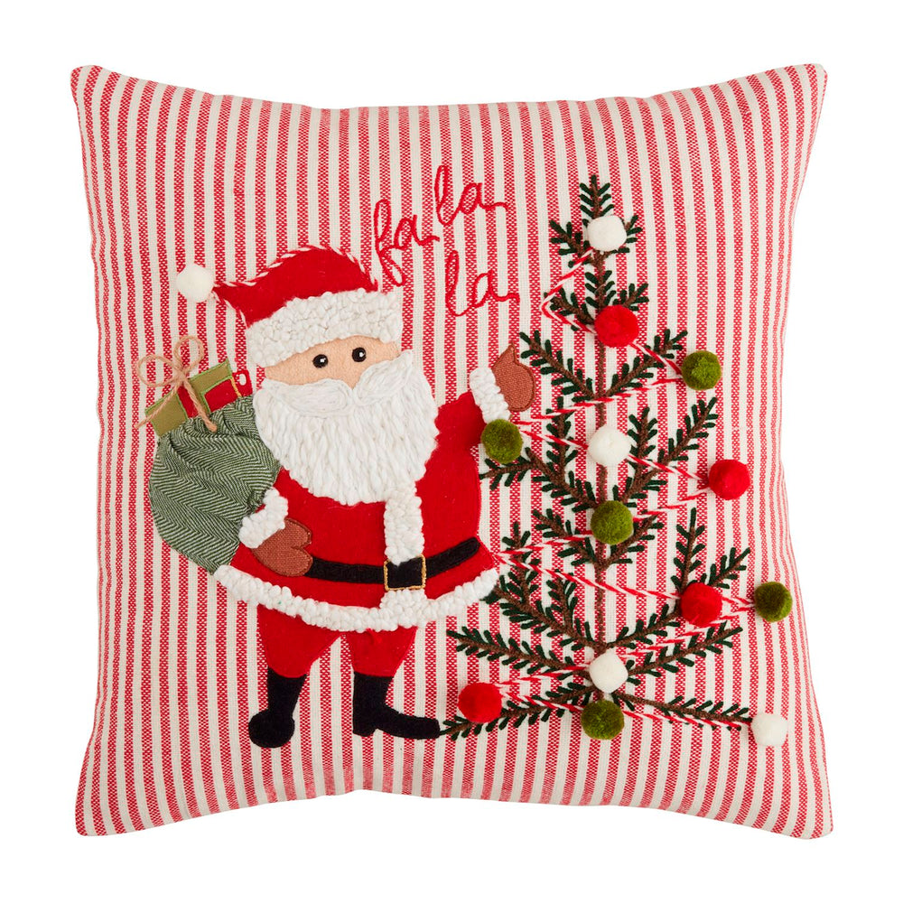 Square cotton Fa La La Santa throw pillow featuring a red and white striped pattern, an embroidered Santa with a green sack, a Christmas tree, and “fa la la” text.