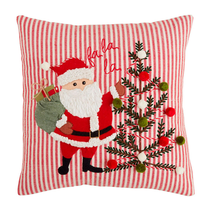 Square cotton Fa La La Santa throw pillow featuring a red and white striped pattern, an embroidered Santa with a green sack, a Christmas tree, and “fa la la” text.
