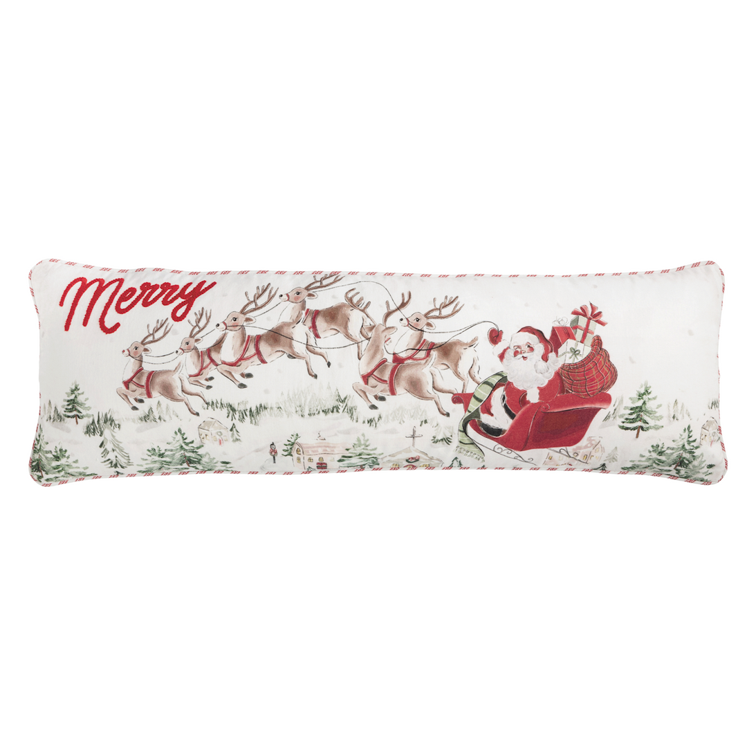 Santa Scene Long Pillow with “Merry” script and Santa sleigh illustration.