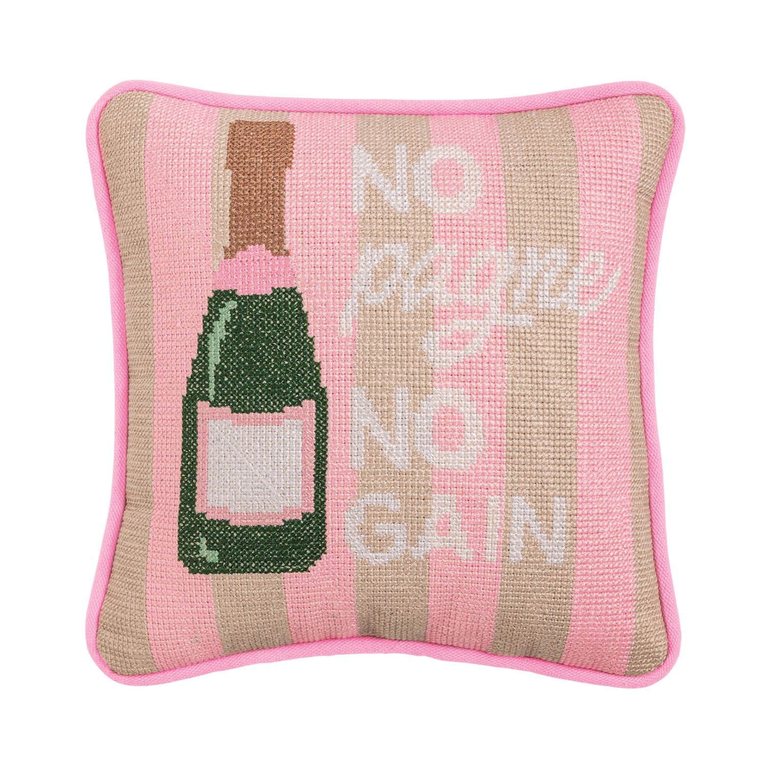 Mini Needlepoint Pillow with pink stripes, pink piping, green champagne bottle, "No pagne, no gain." Sizes: mini only.
