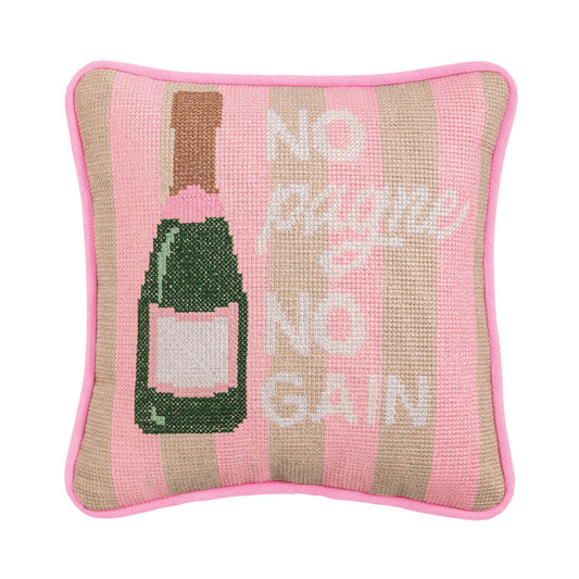Mini Needlepoint Pillow with pink stripes, pink piping, green champagne bottle, "No pagne, no gain." Sizes: mini only.