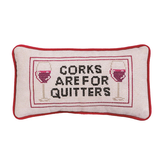 Mini needlepoint pillow, red trim, cross-stitched wine glasses, "CORKS ARE FOR QUITTERS" on beige. Sizes: mini.
