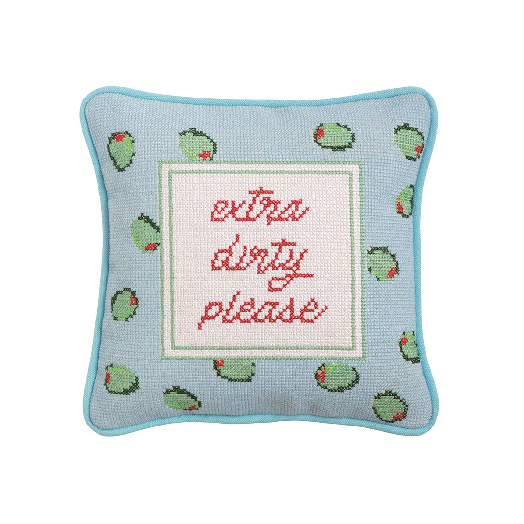 Square blue needlepoint pillow with green olives, red "extra dirty please" text, blue border. Available in mini size.