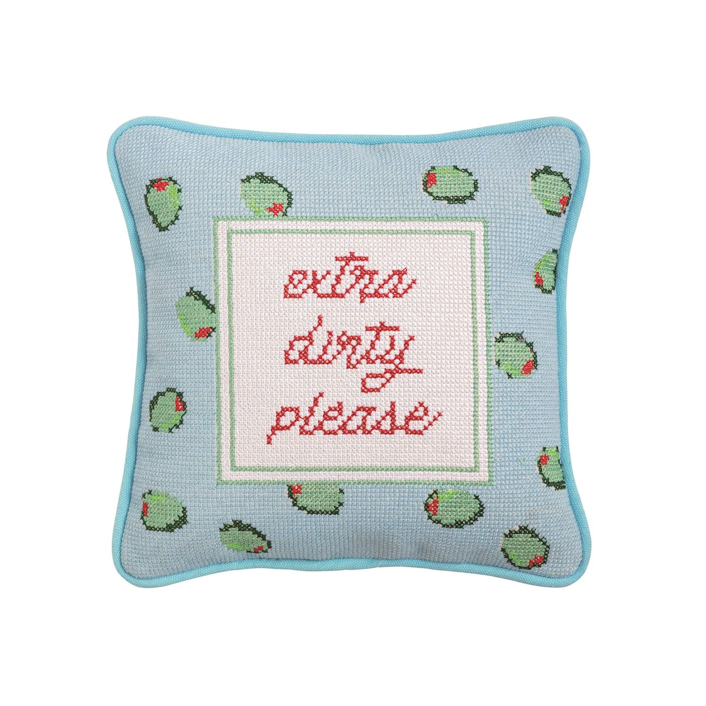 Square blue needlepoint pillow with green olives, red "extra dirty please" text, blue border. Available in mini size.