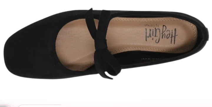 Black Layover Mary Jane ballet flats with a decorative bow and cushioned footbed.