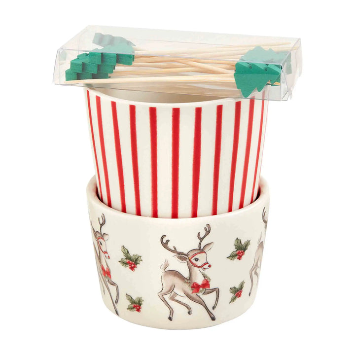 Vintage Christmas Tidbit Set with two stacked ceramic ramekins featuring red stripes and a reindeer and holly pattern.