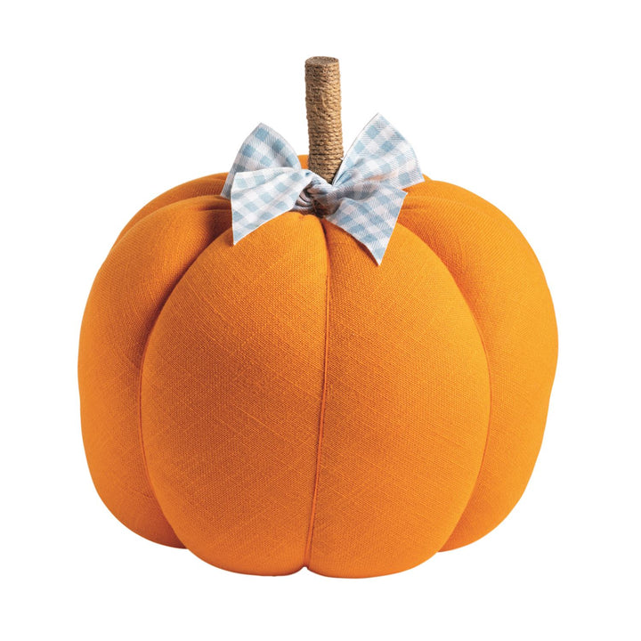 Patterned Fabric Pumpkins in three sizes with orange fabric bodies, brown stems, and blue-and-white checkered bows.