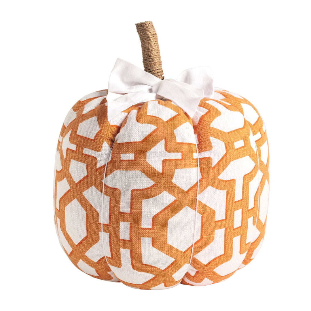 Patterned fabric pumpkins available in three sizes, featuring orange geometric fabric, a brown twine-wrapped stem, and a white bow on top.