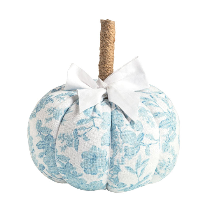 Patterned Fabric Pumpkins available in 3 sizes with a light blue floral pattern, twine-wrapped stem, and white bow.