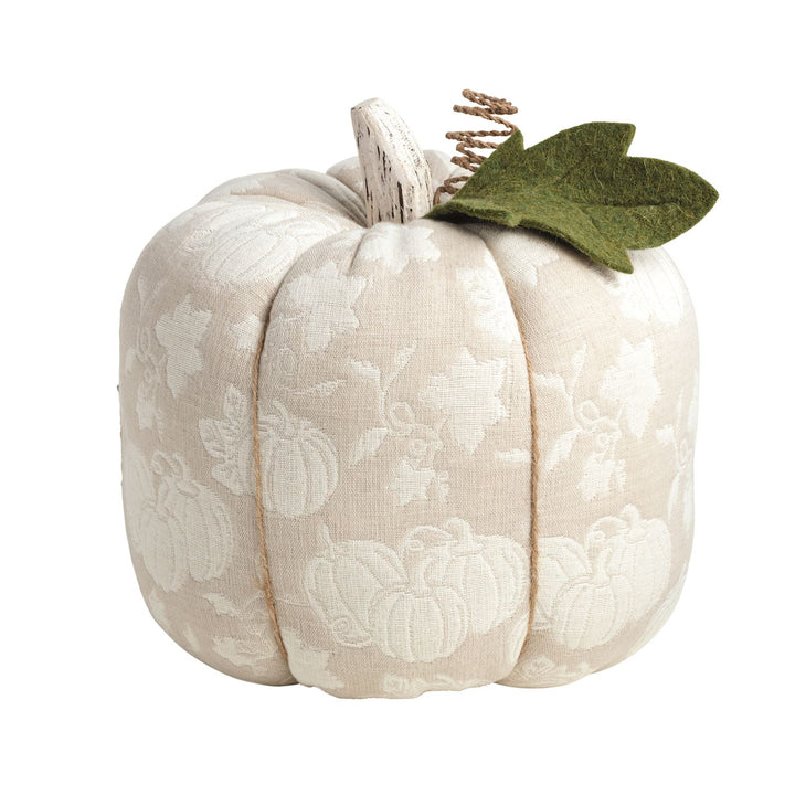 Beige jacquard fabric pumpkin with white patterns, wooden stem, brown coil, and green felt leaf; available in three sizes.
