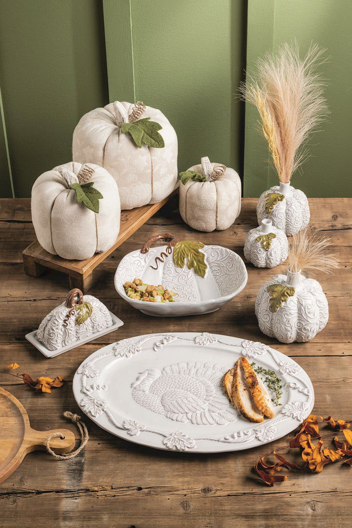 Jacquard Fabric Pumpkins in three sizes, decorative white ceramic pumpkins.