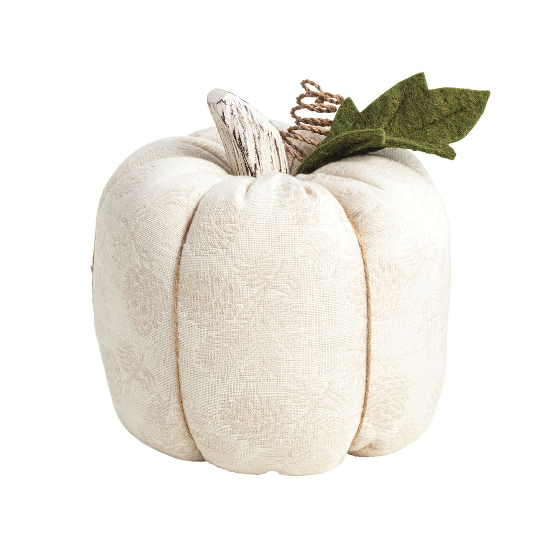 Decorative jacquard fabric pumpkin with a textured white surface, whitewashed stem, green felt leaf, and coiled brown accent. Available in 3 sizes.