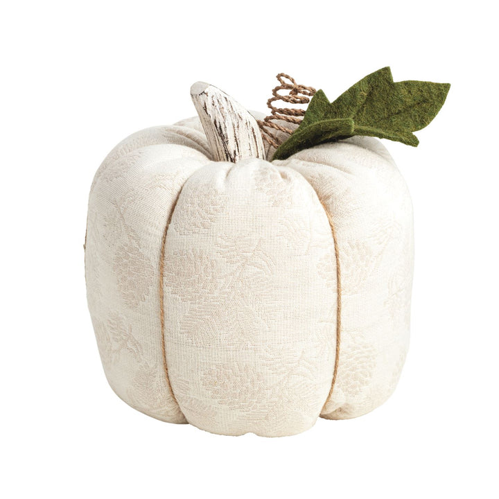 Decorative jacquard fabric pumpkin with a textured white surface, whitewashed stem, green felt leaf, and coiled brown accent. Available in 3 sizes.