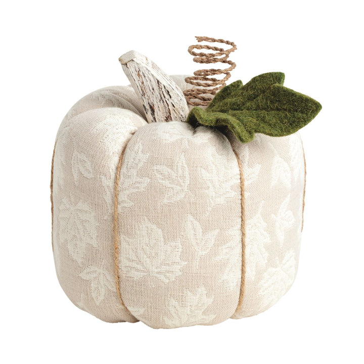 Jacquard Fabric Pumpkin in beige with white leaf patterns, rustic wooden stem, two green felt leaves, and curly twine vine. Available in three sizes.