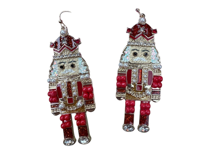 Red and gold dangling acrylic Christmas earrings with pearl and crystal accents.