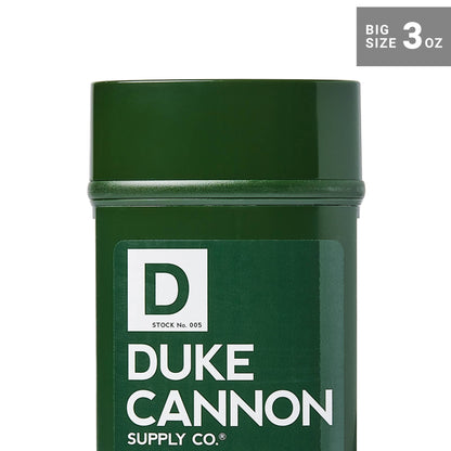 Dark green Duke Cannon Supply Co. container, "BIG SIZE 3 oz," Superior Anti-Perspirant Deodorant, heavy-duty protection.