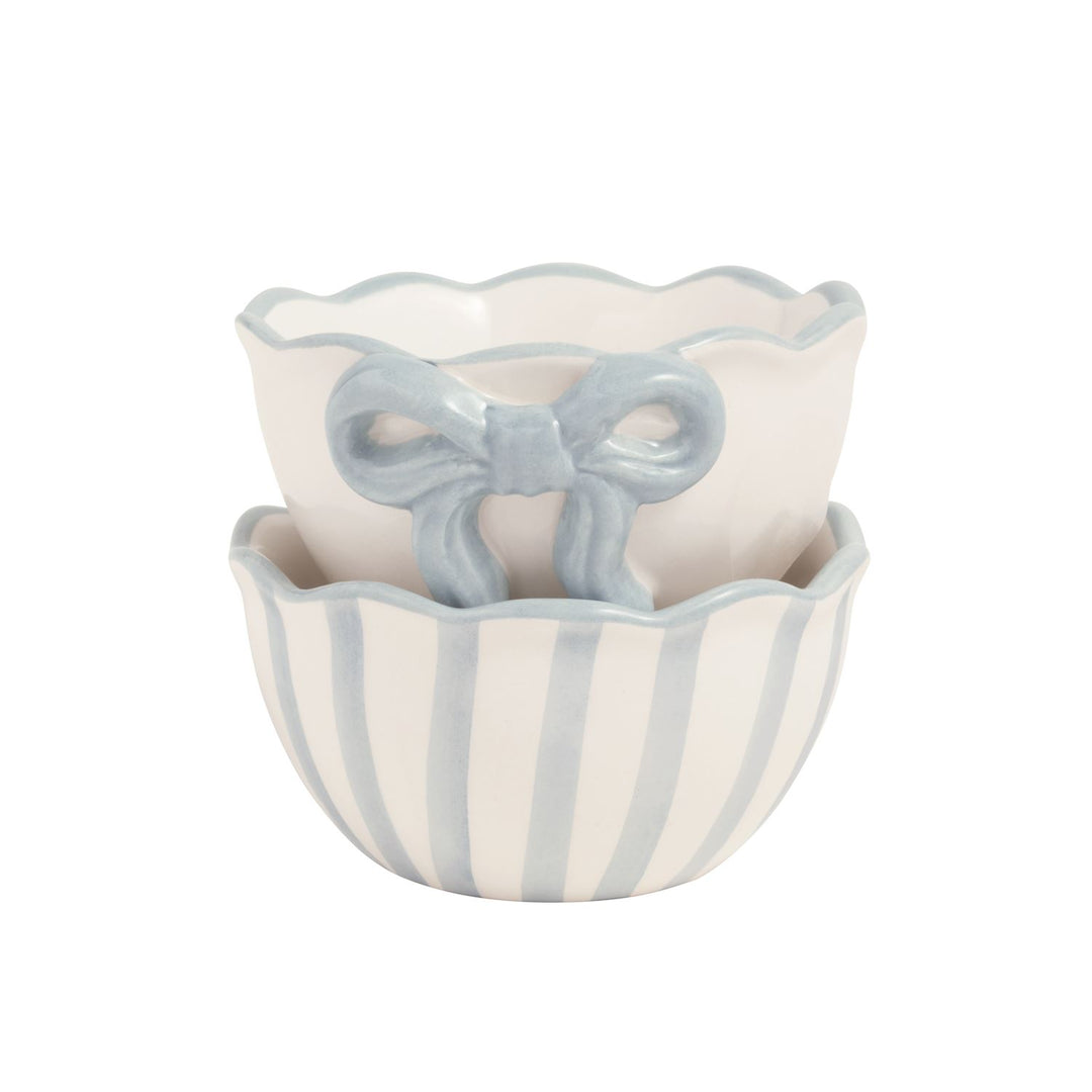 Bow Ramekin Set: two small ceramic dishes, blue/white stripes, blue bow detail, ruffle rims. Available in 3" and 4" sizes.