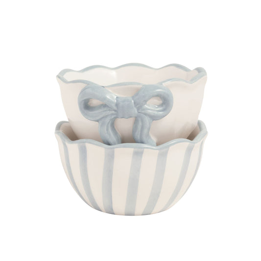 Bow Ramekin Set: two small ceramic dishes, blue/white stripes, blue bow detail, ruffle rims. Available in 3" and 4" sizes.